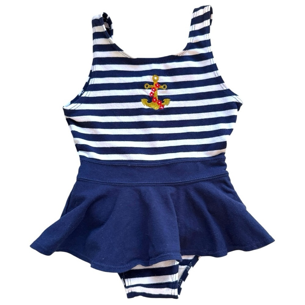 Vintage Basic Editions Nautical Anchor Dress Size 5 Navy Stripe 90s Y2K
